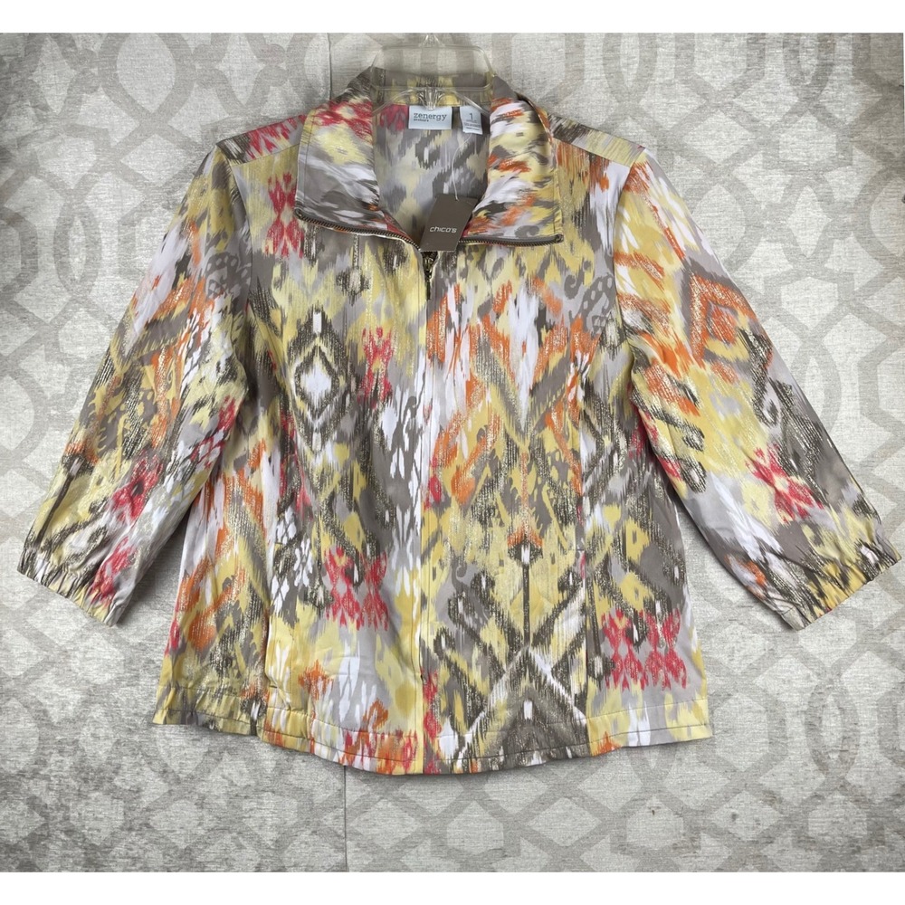 Chicos Zenergy Neema Women 1 M Multi Foil Ikat Zip Jacket 3/4 Sleeve NEW